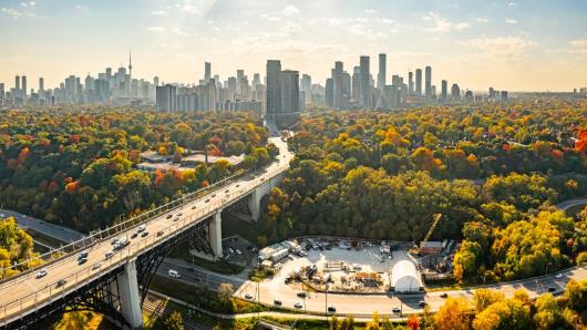 bright aerial view of a city skyline