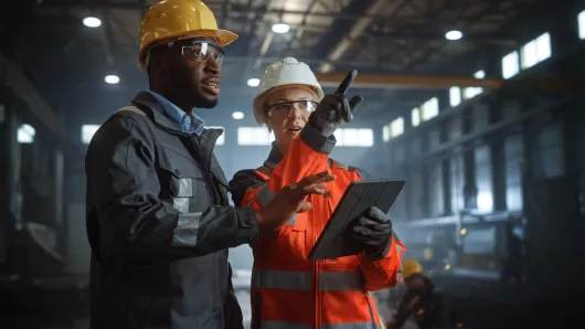 Two industrial workers in hard hats talking