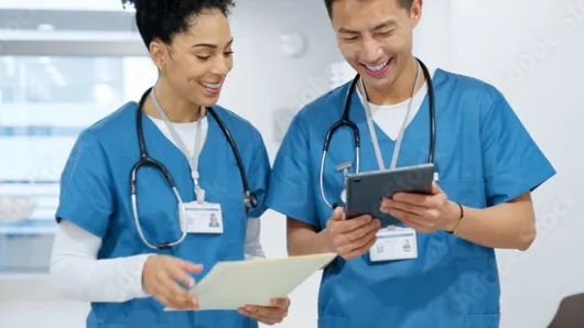 Two nurses walking down the hall talking together