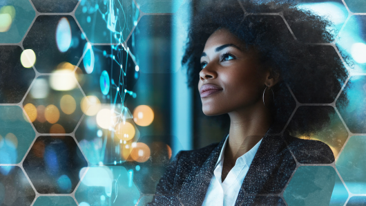 woman looking at a hexagon wall