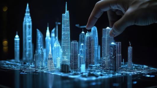 a hand hovering over a digital city