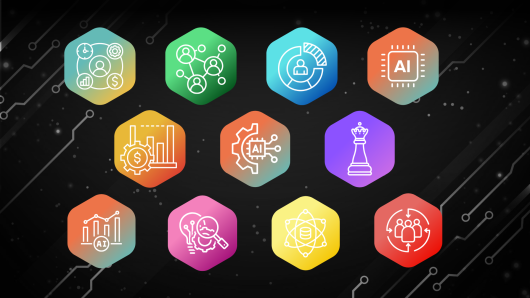 Colorful badges with icons on black background