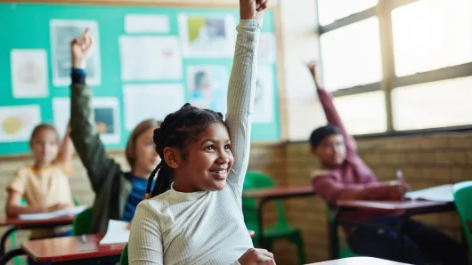 Children raising their hands in a classroom