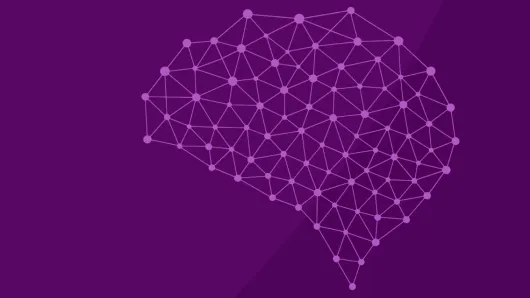 Digital illustration of a brain-shaped network on a dark purple background.