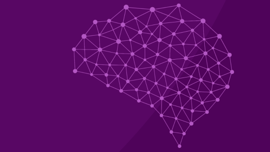 Digital illustration of a brain-shaped network on a dark purple background.