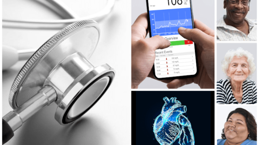 Images showing a stethoscope, blood pressure app, and a heart.