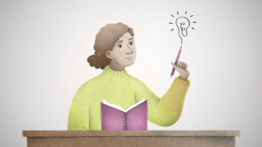 Illustration of a person at a desk with a notebook and pen, drawing a lightbulb to symbolize an idea.