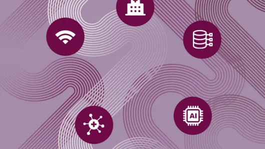 Five icons on a purple background.