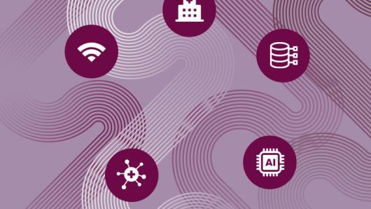 Five icons on a purple background.