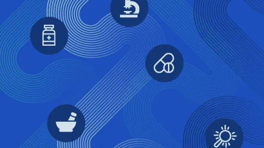 Five icons on a blue background.
