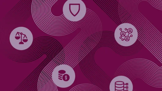 Five icons on a fuchsia background.