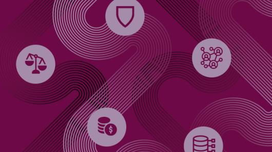 Five icons on a fuchsia background.