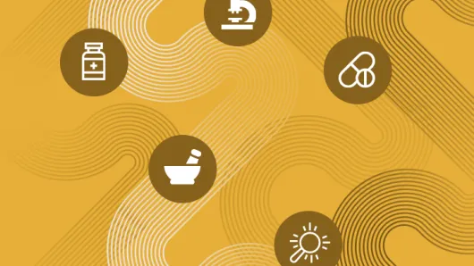 Five icons on a yellow background.