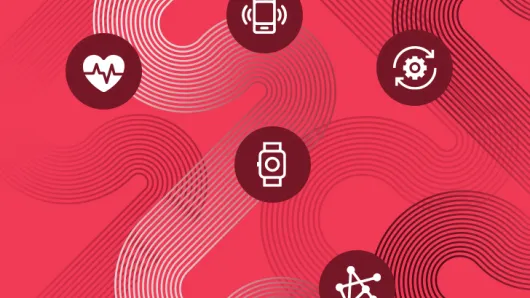 Five icons on a red background.