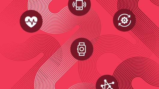 Five icons on a red background.