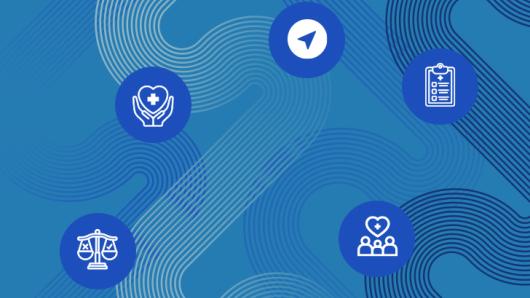 Five icons on a blue background.