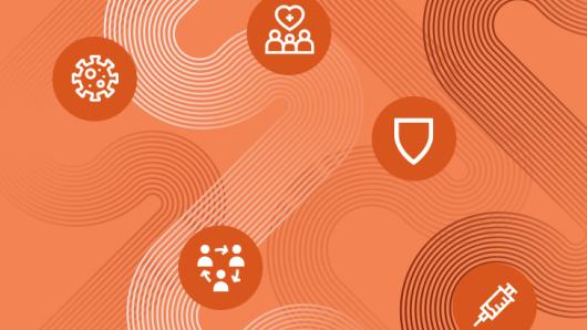 Five icons on an orange background.