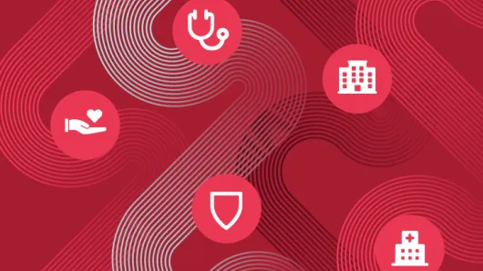 Five icons on a red background.