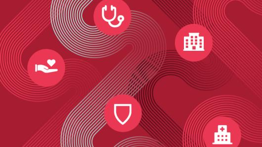 Five icons on a red background.