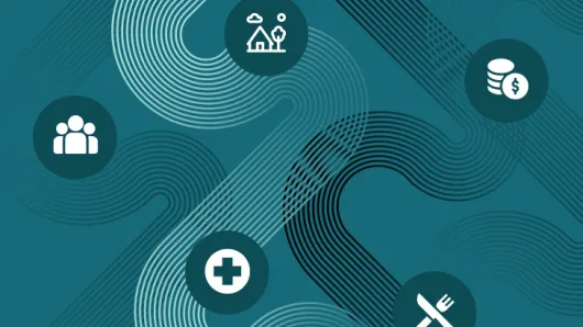 Five icons on a teal background.