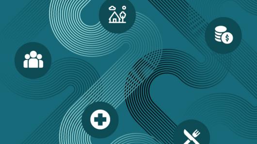 Five icons on a teal background.