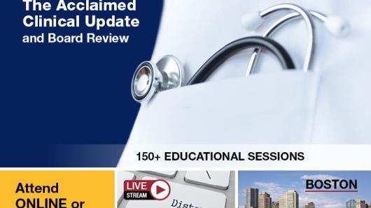 White coat pocket with stehoscope with words "the acclaimed clinical update and baord review" on blue background, also "attend online or in person" with images of keyboard and Boston.