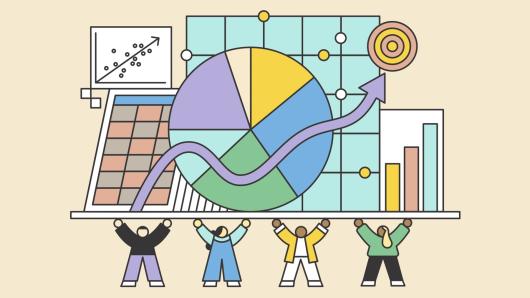 Graphic of people holding up data charts