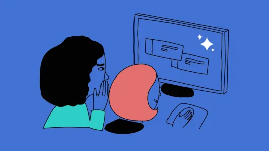 Two people sit at a computer looking at a screen with a flowchart, with sparkles suggesting AI.