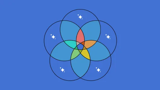 Overlapping circles form a colorful Venn diagram, with sparkling stars representing AI insights across connected problem-solving areas.