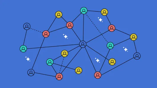 A network of connected people icons surrounds sparkling stars that represent AI, suggesting collaboration and organizational change.