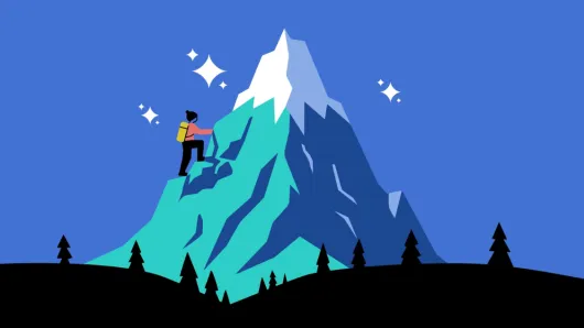 A person with a backpack climbs a steep, snowcapped mountain, with sparkling stars representing AI support along the way.