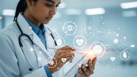Female health care worker using a hand-held tablet