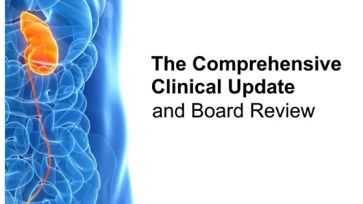 Half a blue transparent torso with bright orange kidney and text "The Comprehensive Clinical Update and Board Review".