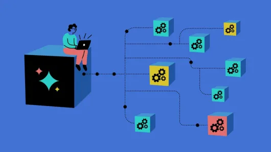 llustration of a person using a laptop beside a network of connected AI agent blocks, representing automated workflows in agentic AI.