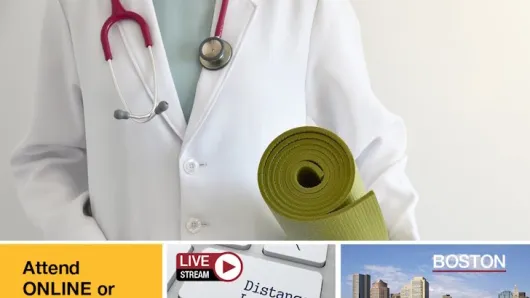 White coat doc torso with red stethoscope holding green yoga mat with "attend online or in person" information beneath.