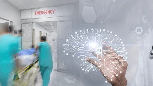 A brain outline and a hospital hallway.