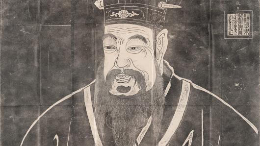 Rubbing from a stele depicting Confucius in the center.