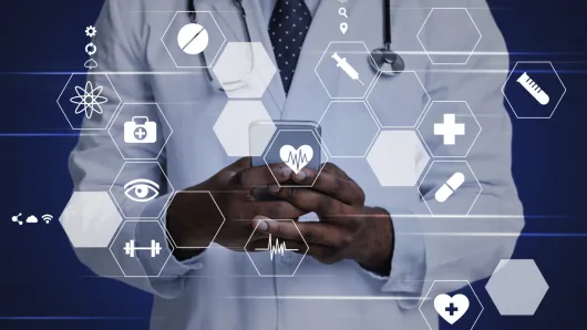 Physician in a lab coat in the background with computer and health care symbols superimposed