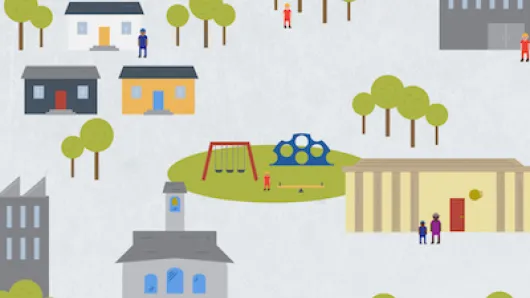 Colorful drawing of a community with people, houses, businesses, and a playground