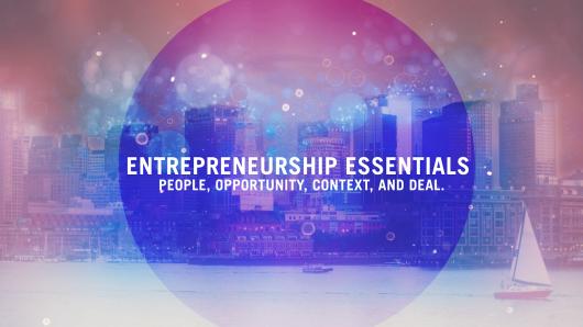 An image of a city with the text "Entrepreneurship Essentials: People, Opportunity, Context, and Deal"