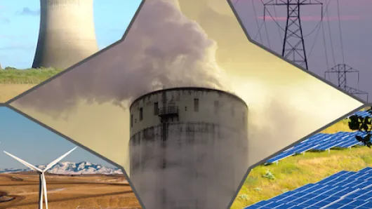 Various energy technologies including wind turbines, electrical lines, nuclear power plant, and solar panels