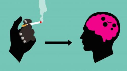 Arrow pointing from a hand holding a smoking cigarette on the left to a head with a pink brain on the right