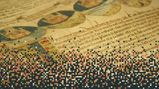 Old manuscript page transitioning into digital blocks at the bottom
