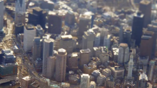 A city skyline from above.
