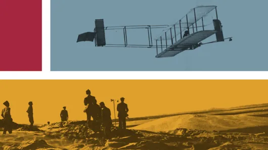 Group of people watching as the Wright Flyer flies overhead