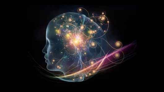 Translucent profile image of a face with tendrils of light.