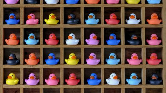 Rows of brightly colored rubber ducks sit in a grid of wooden squares, each in its own cubby hole