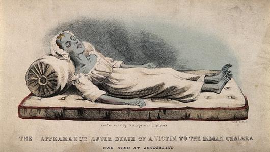 Drawing of woman Cholera victim lying on a mattress