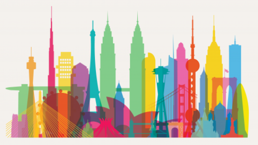 Multi-colored silhouettes of famous city structures such as the Eiffel Towel and the Space Needle