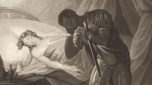 A man holding a sword covers his face with his hand in sorrow. Behind him, a woman lies in bed with her eyes closed.